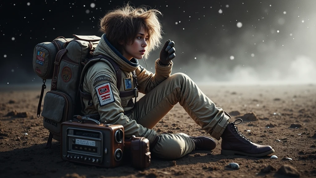 Insanely detailed cinematic stunning shot in a complex mixed technique. Full-length homeless-styled Female Cosmonaut in a shabby spacesuit with patches listens to the radio receiver. Charming cosmonaut with unruly hair lies in the field and listens to the radio in relax. Surreal punky style. Leather Bag, pirate patch on the sleeve. Sharpness of shadows, dust in the air. Concept art 16K, Epic