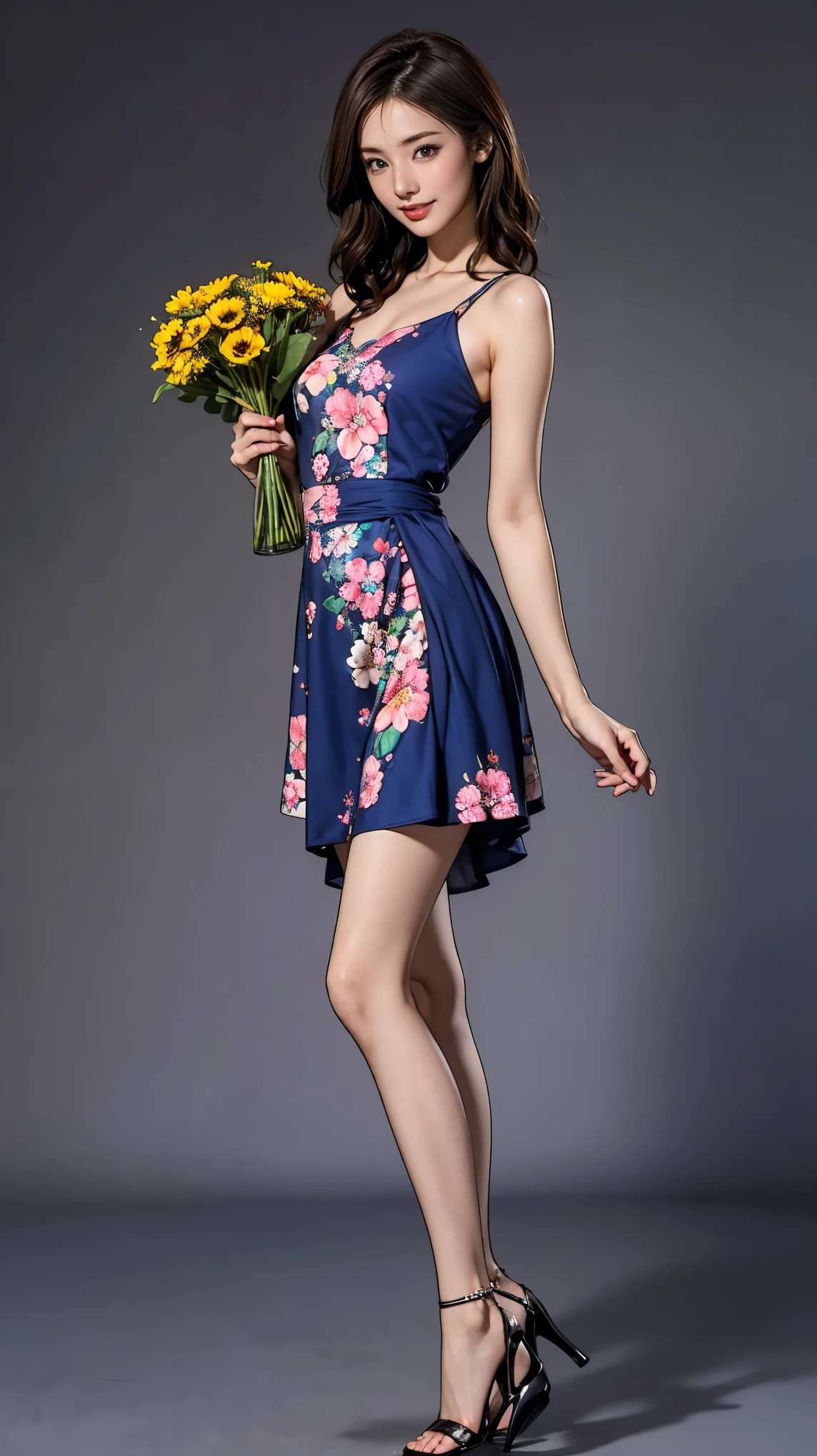 ((masterpiece)),(((Highest quality))),Character design sheet:1.5,Long legs,Slender figure:1.5,whole body:1.5,(One Girl:1.3),(Viewer Display:1.4),The best smile:1.5,(Pointy high heels:1.3),(Stand with legs apart:1.2),(Wearing a floral and plant print mini dress:1.2), Curly Hair:1.5,High waist:1.5,Holding a bouquet in both hands:1.5,