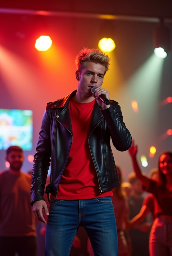 Handsome man short blonde hair wearing black leather jacket and red t-shirt and blue jeans, singing on the stage, red and yellow spotlight, karaoke atmosphere