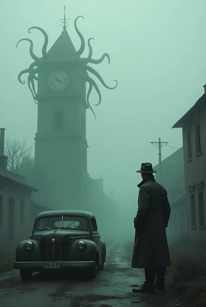 A detective at the side of a car lo King at a town lost in the fog and abandoned, with tentacles coming out of a clocktower.
Text: "La torre del reloj" at the top with tentacles font