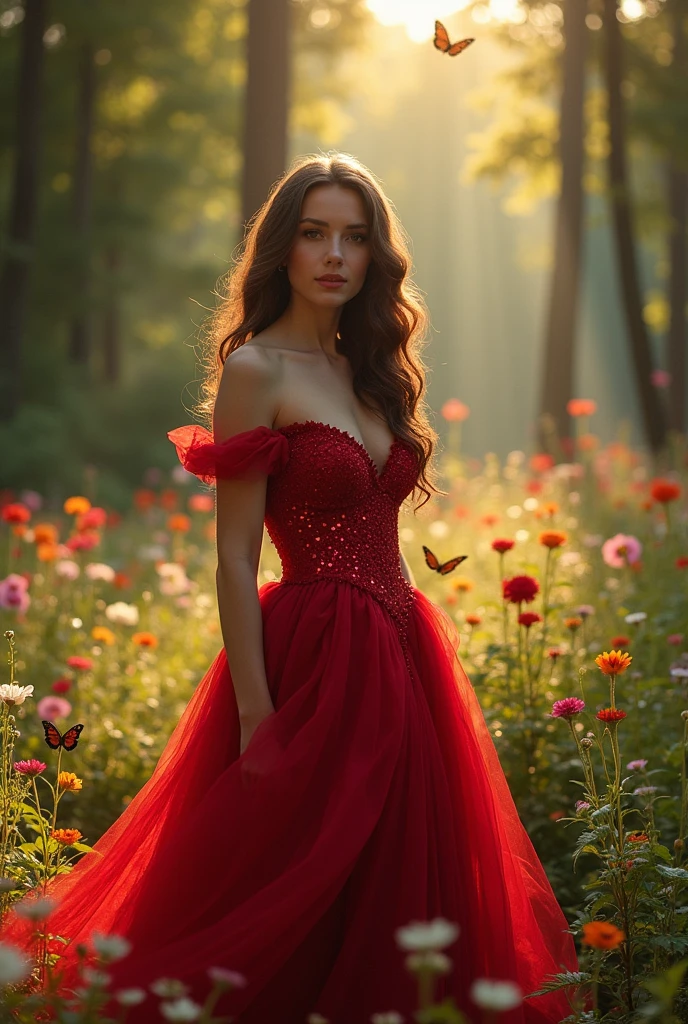 brown haired woman, red princess dress and dark eyes