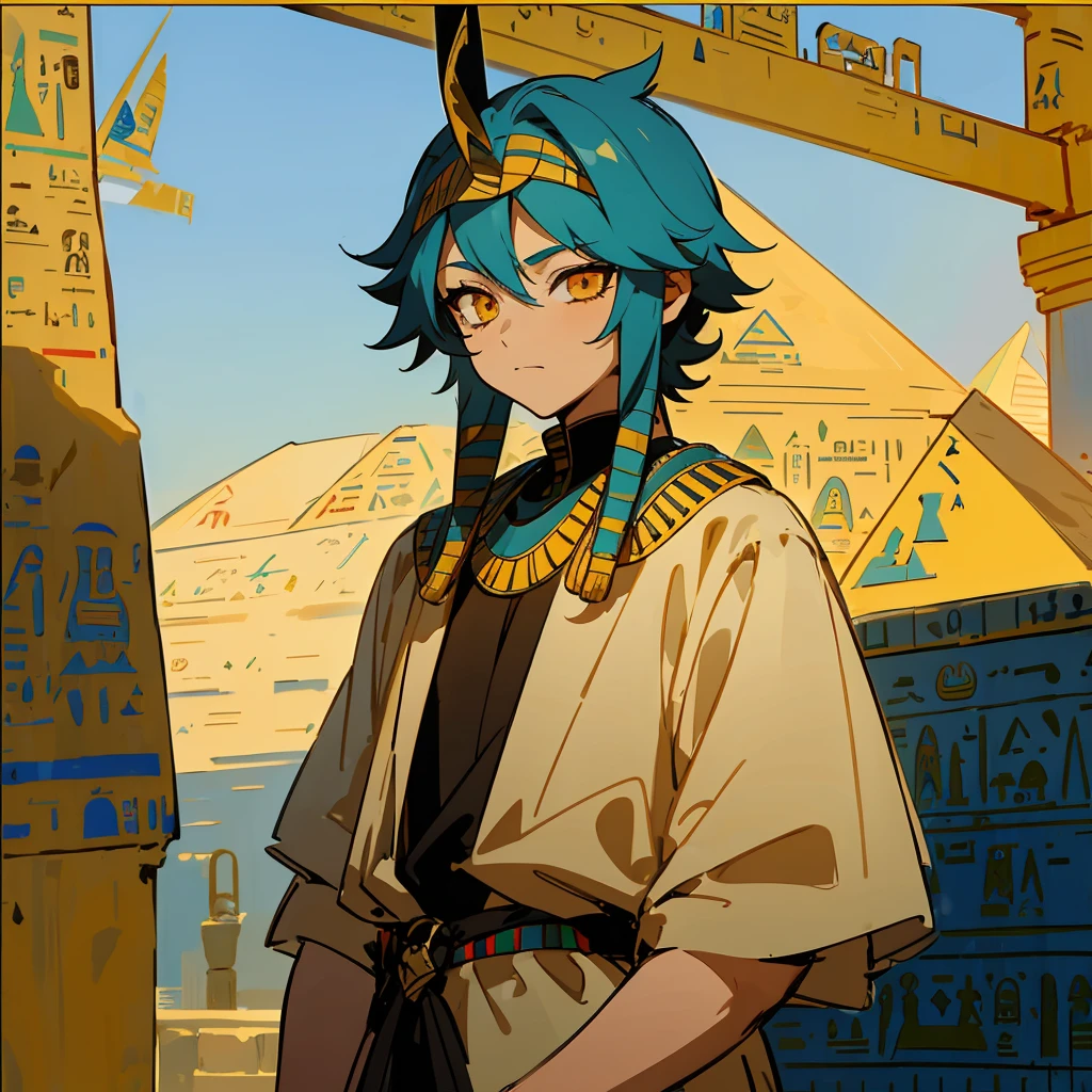 1 boy, Turquoise hair, orange eyes, Arabian style, handsome, 15 years old ???, orange eye liner, soft smile closing eyes, ancient Arabic clothes, Arabian nights, ((((Egyptian style)))), solo, Arabian background