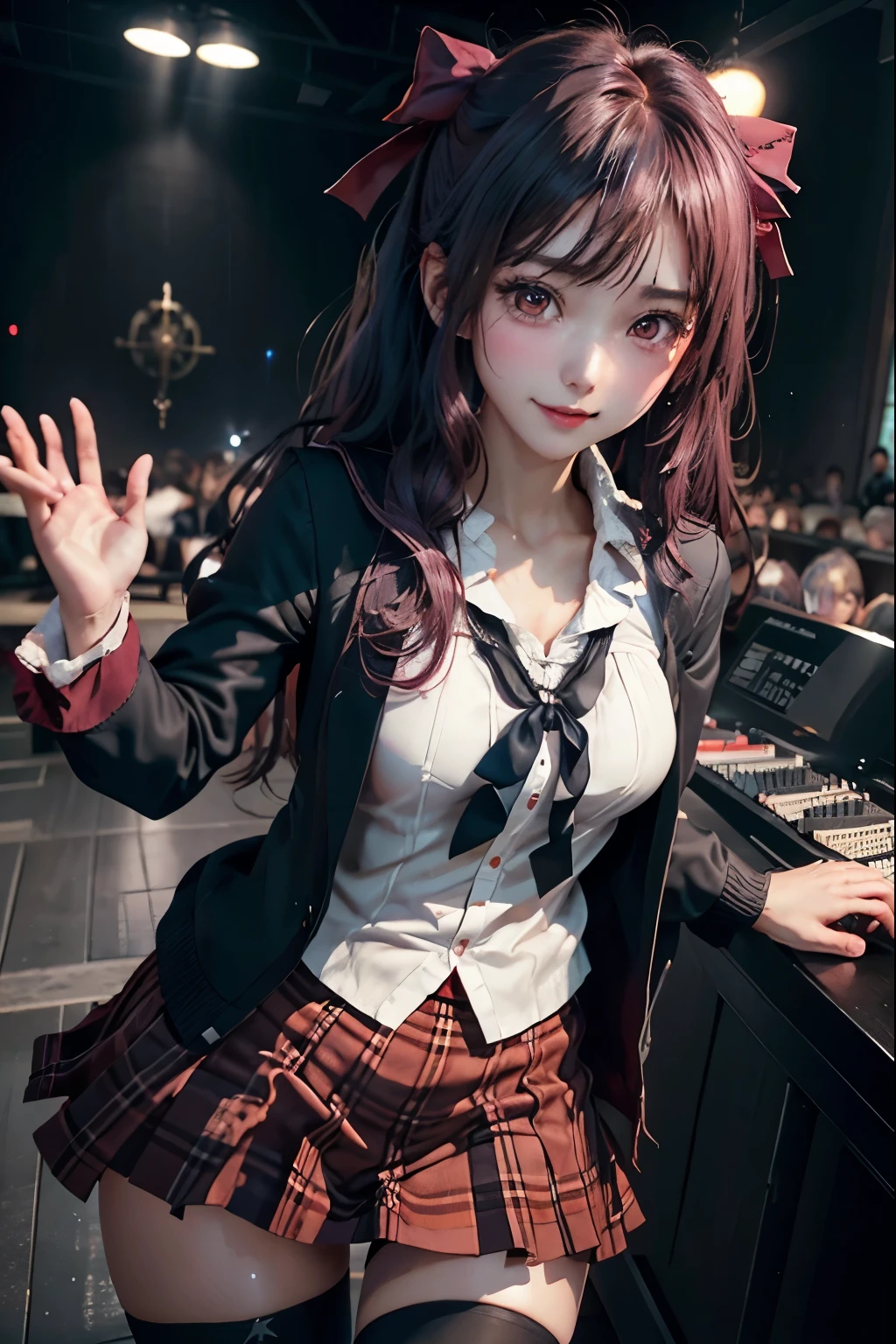 High school girl blazer、uniform、Red checked knee-length skirt、Long skirt、JK Style、Jacket、smile、Knee-high socks、Thigh-high socks、pantyhose、Extremely beautiful、Super cute、ennui、Rare Beauty、Twin tail hair、Dark black eyeshadow、sad、Skin radiance、Long Hair Straightener、Dark Gothic Makeup、Dark Smile、Fragrant beauty、Stained glass background、masterpiece、Highest quality、See 5 books、Sweat glistening on my chest、Sweat glistening on the face、Small breasts、Dark pink hair、22 years old、Slightly slim、Mysterious look、Sad look、Pink Hair、Mysterious Gothic Church、enchanting castle、Excessive sweating all over the body、Thighsに大量の汗と光、光沢のあるThighs、Thighs、Thighsに大量の汗が光る、sweat profusely、Gal、Small breasts、Japanese face、Captivating look、細いThighs、play the guitar、I have a guitar、Enthusiastic singing、バンドでplay the guitar、Playing guitar chords、Background of the live music venue、Sing a song、Open your mouth、Scenery of a live music venue、Mike stand、Glamorous live stage、Dynamic Angles、Vivid straight long hair、