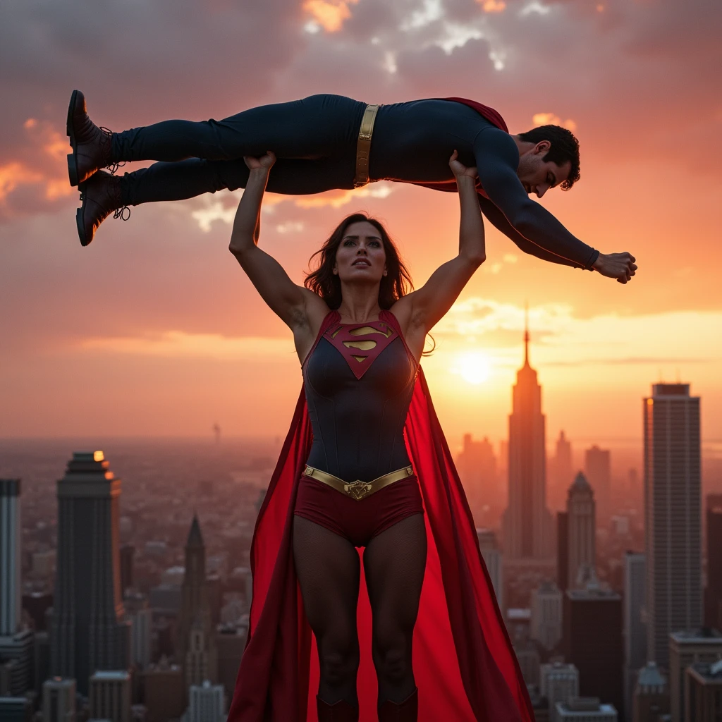 Erica Durance as Lois Lane lifting a large man high above her head with her strong arms. Photorealistic. Wide angle. City skyline in the background.