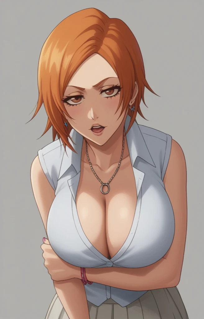 Inoue Orihime,Big breast,white HighSchool uniform with unbuttoned Cleavage,short Grey skirt,lariat necklace,Long pink nail,Hoopa bracelet,Earpiercing,Bleach Anime artstyle,Half eyes open,Buzz cut hair,Spouty mouth,Thick lips,Curvy figure,Big wavy hair,Enchanced breast,tight thights,gaze on viewer,ear visible,bouncy breast,unnatural big breast,crossing arm,short sidehair,Short bang hair,heart shaped Earrings,Light blush,Swaying hips,Enormous Big breast,H cup,Spider bite piercing mouth,((Ring shaped piercing mouth)),((blunt style Bang hair))