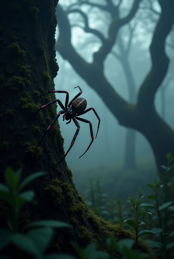 Sideways spider descending a trunk in a dense, dark forest with fog 