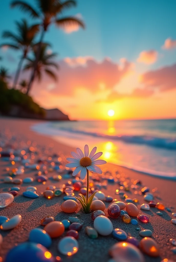 Create a beautiful sunset seaside scene。The sky has a beautiful gradation from blue to orange.、Soft clouds are drifting in the air。The beach is dotted with colorful pebbles and glass-like beads.、輝く水面がキラキラand反射しています。In the foreground of the beach、There is a single white daisy、Highlights the beauty of nature。In the background、Palm trees swaying in the wind々and、The sea spreads out before you as the sun sets on the horizon.。