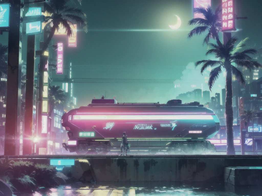 (masterpiece, detailed, high resolution:1.4), retrowave moon, train, open wet road, transformer, cyberpunk, cyberpunk 2077, cyberpunk night city neon background, sea, beach, palm trees, green-blue glitch effect, violet-pink neon glow, fluorescent yellow, light green, purple, mint