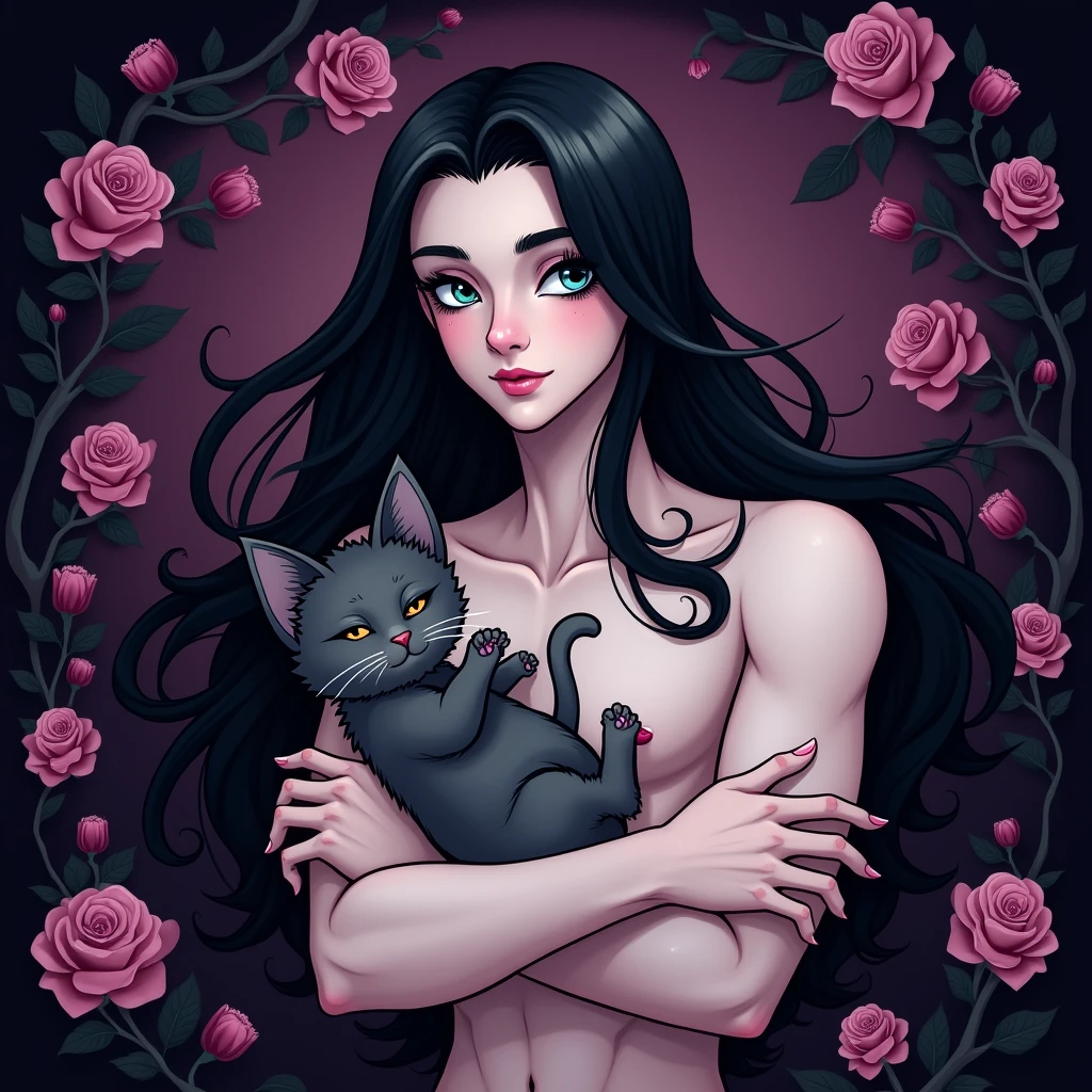 Male, sexy, long black hair, teal blue eyes, young, gothic, delicate features, no facial hair, no body hair, seductive, white and pale. Roses. Sexy pose. Purple and black. Sexy. Sexy pose. Seductive. Sensual. Long eyelashes. No facial hair. Pretty face. Sexy pose. Man. Male. Cute kitten. Smirking. No body or facial hair. Young male. Cute. Cartoon style. Male.
