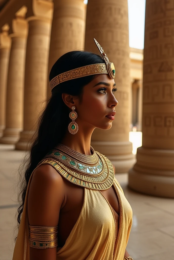 egyptian queen cleopatra, with classic crown, and luxurious Egyptian clothing, with jewelry. brown skin color, de corpo inteiro, wearing a period wig. Egyptian makeup, beautiful and powerful