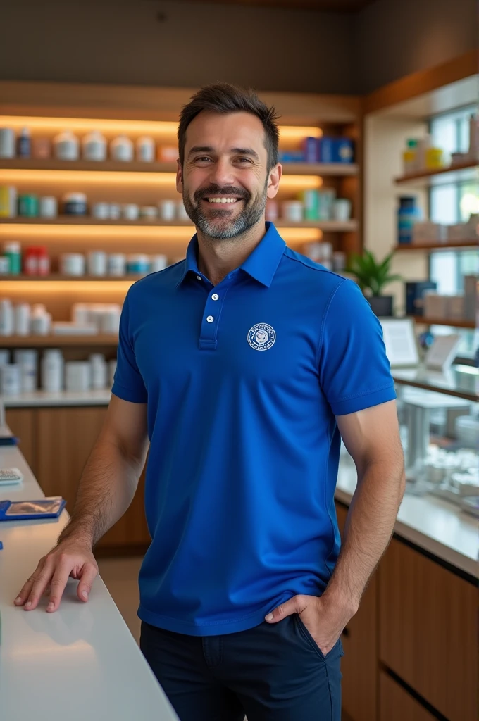 Design a uniform for a pharmacy called Villa Magna Pharmacy, royal blue with white polo shirt 