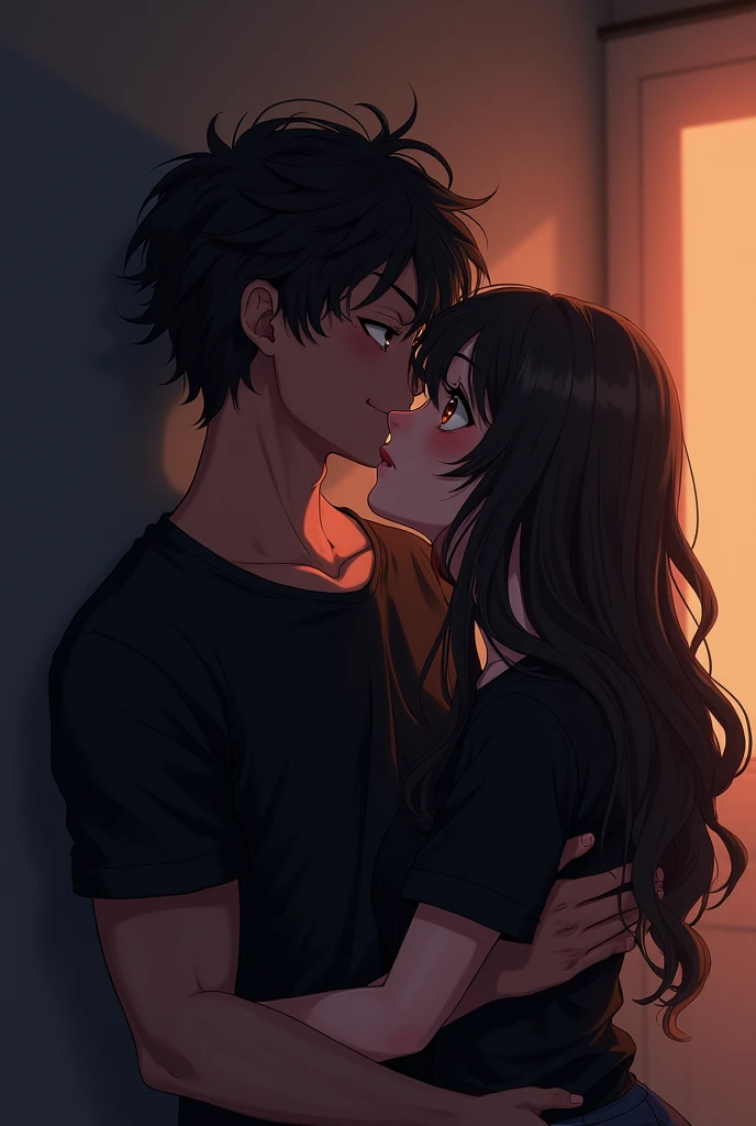 "Create a detailed full body anime-style image of a 21-year-old anime boy and a girl, both wearing black t-shirts, sharing a passionate kiss in a dimly lit room. The boy, with a mischievous smile, rapidly pulls the girl closer, conveying his desire while keeping the moment tender and affectionate. The boy trying to touch his boobs. The atmosphere is dark and intimate, with soft shadows enhancing the romantic and playful vibe of the scene, capturing the blend of affection and mischief between them."