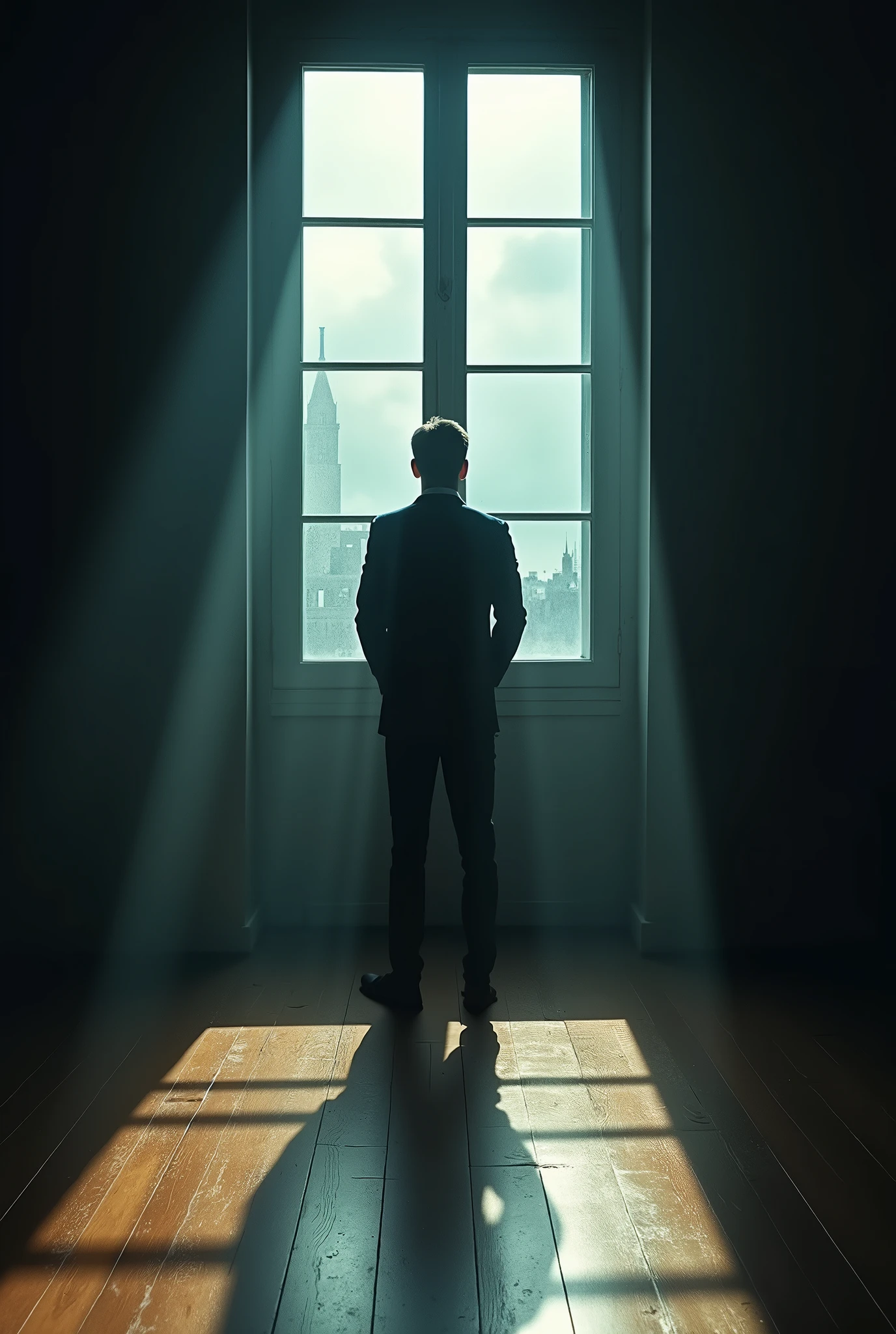 Create a melancholic and introspective album cover for the song 'EU QUIS VOCE.' The title 'EU QUIS VOCE' must be prominently displayed on the image in a sophisticated, elegant font that blends seamlessly with the overall aesthetic but remains clearly visible.
The scene should depict a dimly lit room with a man standing near a large window or mirror, his back to the viewer, creating a sense of distance and introspection. The lighting should be soft, casting long shadows that add depth and a sense of mystery to the scene.
In the reflection of the window or mirror, the man’s face should be slightly blurred, symbolizing the duality of his actions and the hidden truths within him. The color palette should be a mix of deep blues, muted grays, and warm amber tones, creating a somber and reflective mood. Ensure that the text 'EU QUIS VOCE' is clearly visible and integrated into the design.