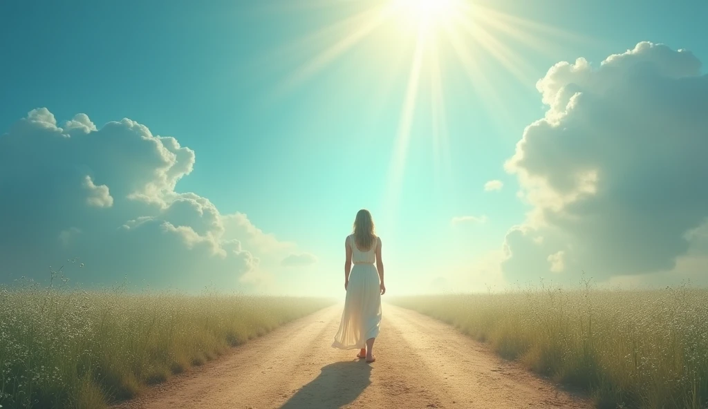 Recognize the signs to align with God: A person at an intersection, with a BRIGHT blue sky showing a clear direction, while other directions are shrouded in mist, representing the importance of following divine signs.