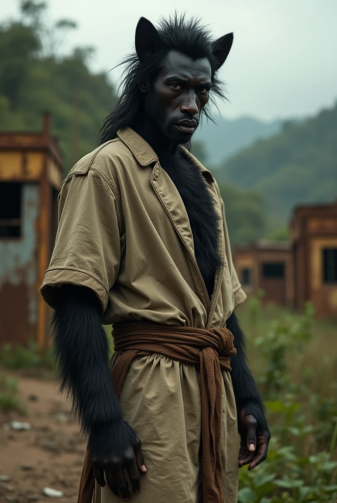 A dystopian future in Colombia where AIs win and there are few natural resources left. A human man with brown eyes, long and angular face, black fur, tez morena. Wearing a worn out pajama that fits him tightly, but doesn't show more skin than necessary. She has a devastated face