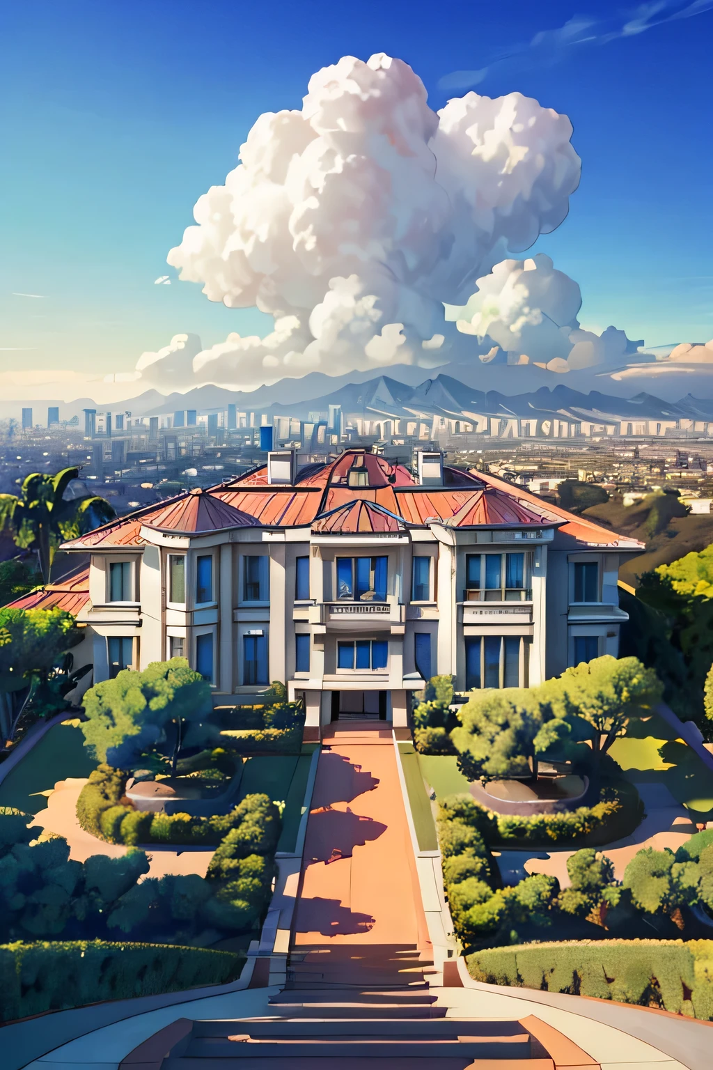 outdoors, art deco mansion in the Hollywood hills overlooking LA, LA in the distance, clouds, day, azure, beautiful scenery