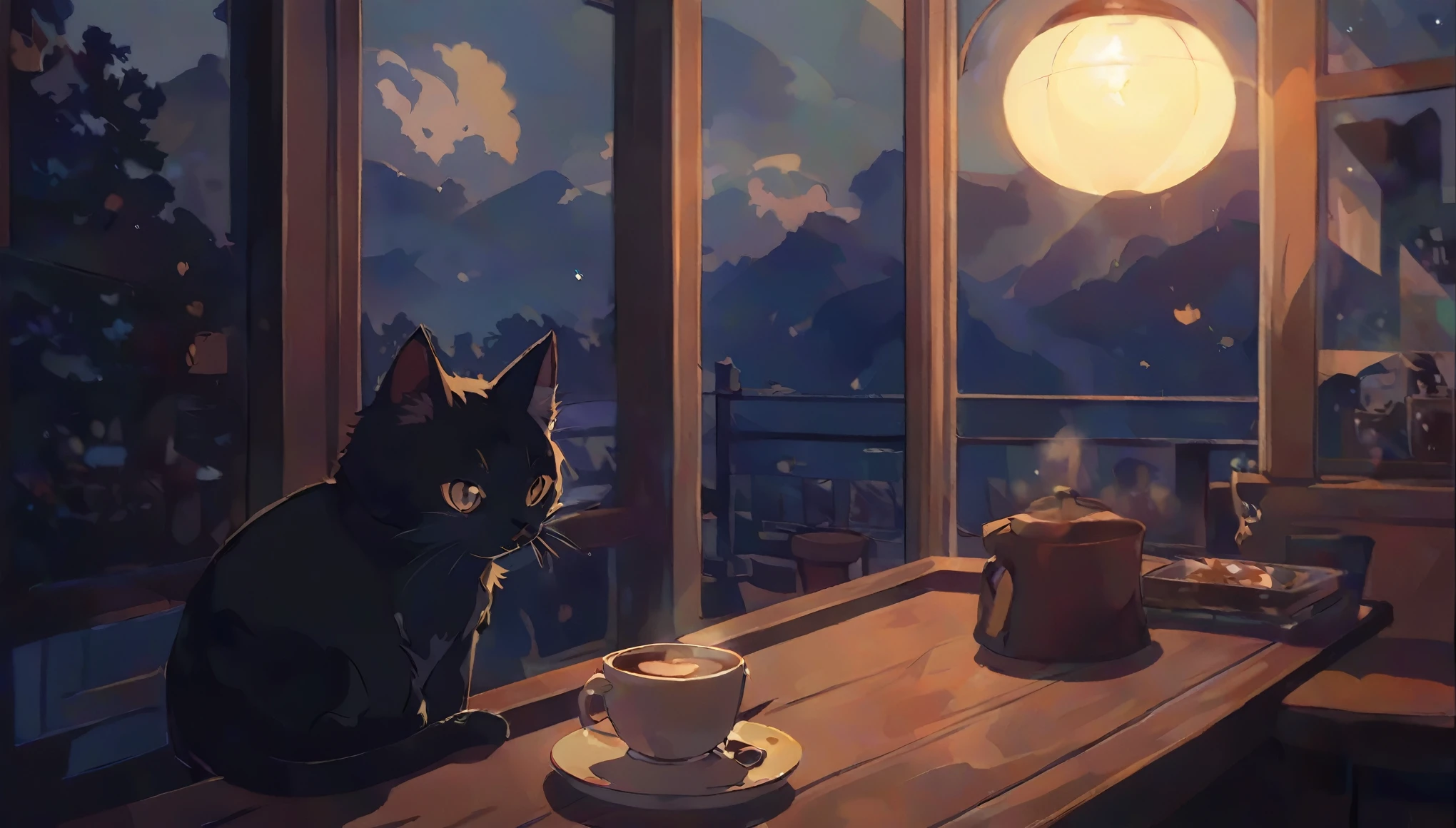 A cat is sitting on a table next to a coffee cup, Cozy cafe background, praise art, Cat drinking coffee, praise portrait at a window, praise artstyle, The cat is drinking tea, cozy wallpaper, praise portrait, Anime Background, Relaxed atmosphere, praise, Anime Cat, Cute cat anime visuals