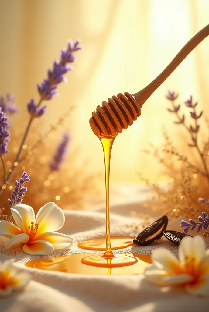 Honey , With vanilla beans split in half in the air, there was tonka spread ,
in a vanilla environment, with meta flowers and also lavender