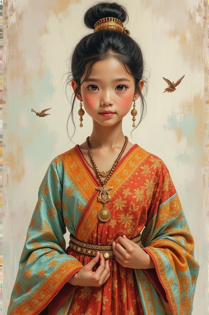 In the style of Nicoletta Ceccoli
 A whimsical Indonesia girl,wearing traditional Indonesia attire,decorated with bronze wire with Indonesia elements,mottled background.minimalist,oil painting.