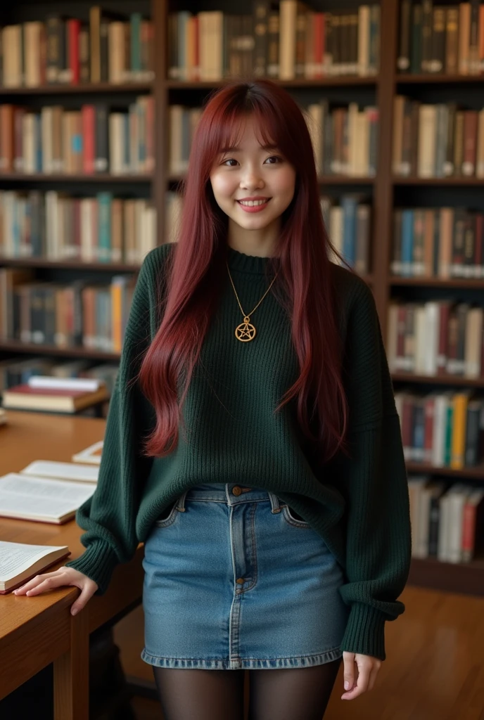 an adult woman, She is of Korean descent, She has long straight burgundy hair with bangs, She wears a dark green sweater, Short denim skirt and black tights. She wears a pentagram necklace, She has chubby cheeks, She has thick thighs and a beautiful smile.. She's in a library.