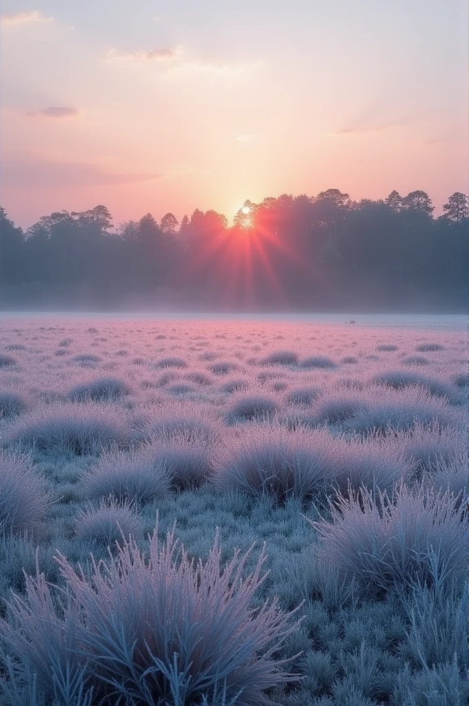 Show me a field with moderate frost at dawn with subtropical forest in the background