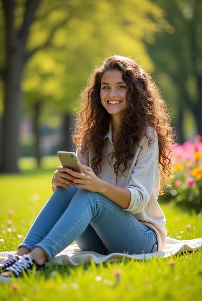 A brunette girl with curly hair and big breasts sits with her legs stretched out, taking a realistic photo