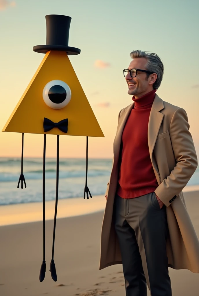 a realistic image of a floating Two-dimensional yellow triangle with a giant eye with a black iris , that eye is in the middle of his body, This character does not have a mouth, but it does have two thin arms and two legs like spaghetti that are black, The triangle is wearing a long black top hat and A black bow tie under his eye. This character will be receiving a smile Near him from a handsome man with gray hair, black plastic glasses, a kind of red turtleneck, and dark pants, Over the red turtleneck sweater, he is wearing a Beige overcoat .The background will be a sunset on the beach. The main characters will be centered in the image very close to the camera.