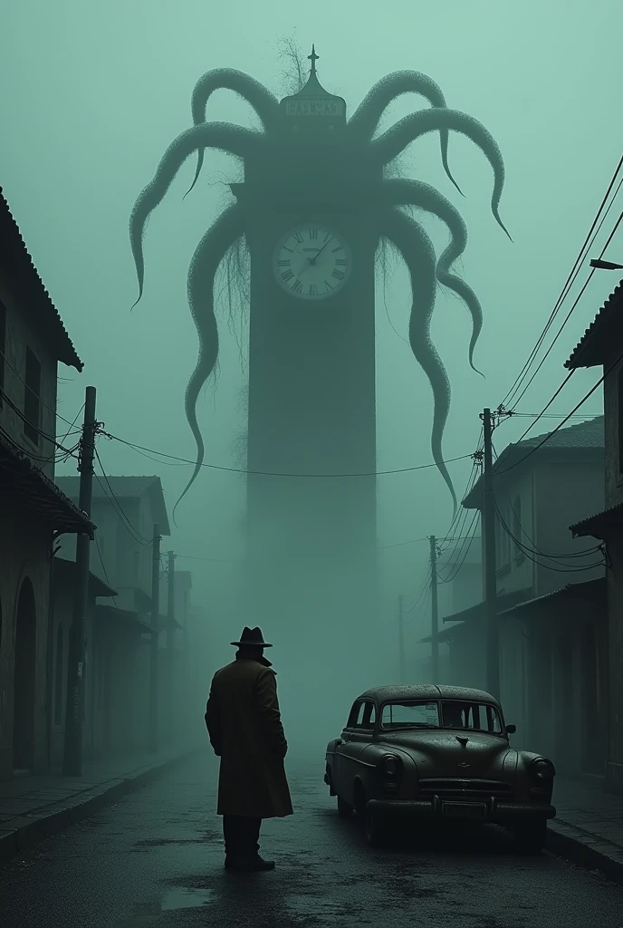 A detective at the side of a car lo King at a town lost in the fog and abandoned, with tentacles coming out of a clocktower.
"La torre del reloj" text at the top with tentacles font