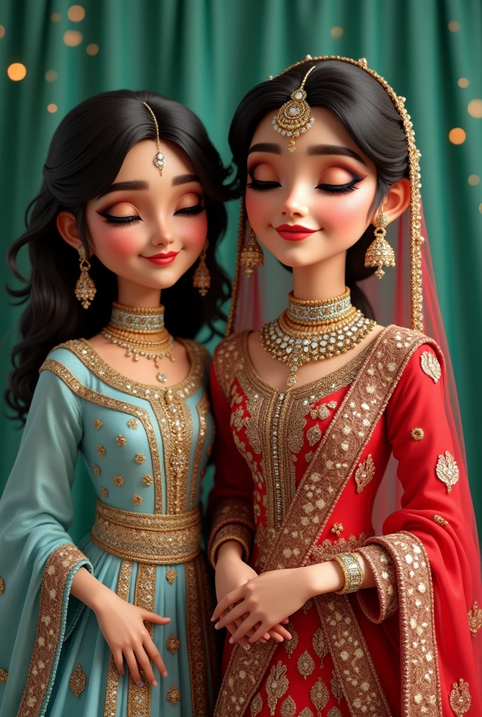 "Create a 3D illustration of a 20-year-old bride and her friend. The bride is wearing a Pakistani bridal dress in red color with beautiful bridal makeup like Kashee's Artist Salon makeup and beautiful jewelry. Her eyes are closed, showcasing perfect eyeshadow. Her friend is wearing a beautiful sky blue and golden Pakistani luxury maxi. I want their faces and half bodies till legs to be visible. I need this image for a beauty salon bridal makeup service ad. The bride's makeup should be perfect and beautiful, and she should look stunning. The background theme is luxurious glitter green. Please create the image in Instagram post size and make it perfect."