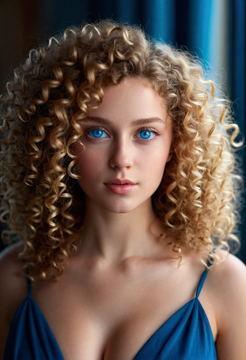 "Close-up view portrait of a charming girl with curly hair, figure, beautiful face, captivating blue eyes, and large bust size, showcasing her natural beauty."