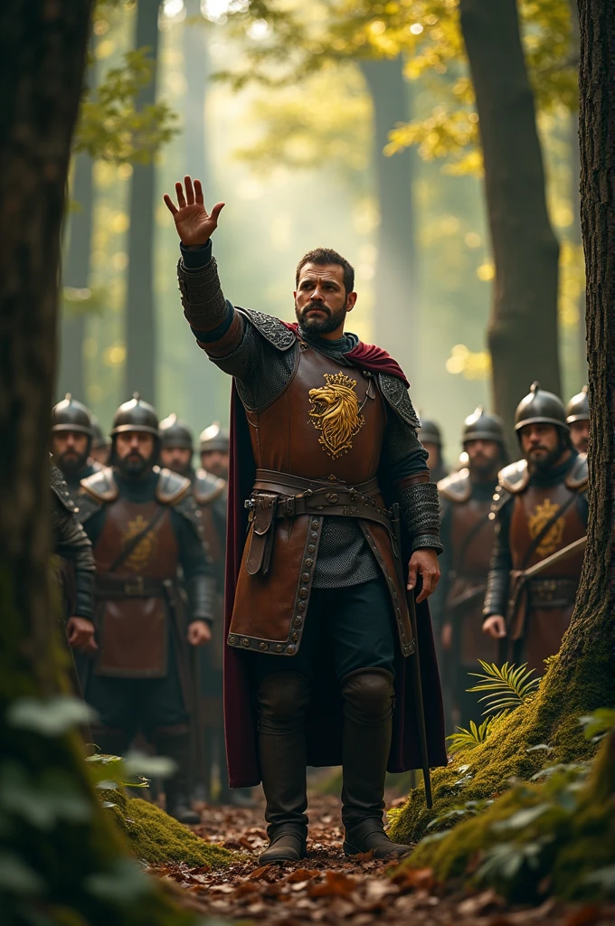 The leader of the guards, a stout man with a stern face, raises a hand for the group to stop.
He is accompanied by soldiers on a patrol in the forest.
He displays, like the soldiers, the symbol of the kingdom.: a 2D lion with a crown on its head.