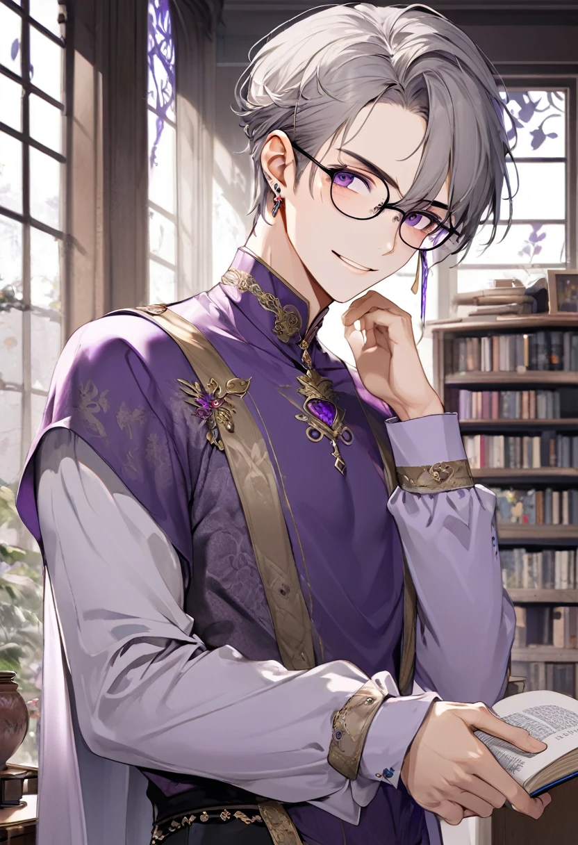 ((masterpiece)), ((Highest quality)), ((High resolution)), ((In detail)),((Highest quality, 8k, masterpiece)), One man、Age 25、Two-dimensional wind、Handsome face、Thick eyebrows、Gray short-haired、Borrowed back hair、Only a part of the bangs is purple。Long, narrow eyes、Purple Eyes、Glasses、Golden earrings、Beautiful western-style costume like a prince、Long sleeve、Study、I have a book、Modest smile、Large bookshelf、window、whole body、Pull angle