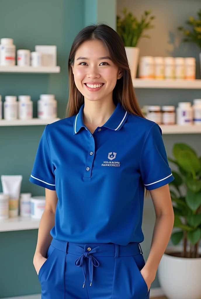 Design a uniform for a pharmacy called Villa Magna Pharmacy, royal blue polo shirt with white details 