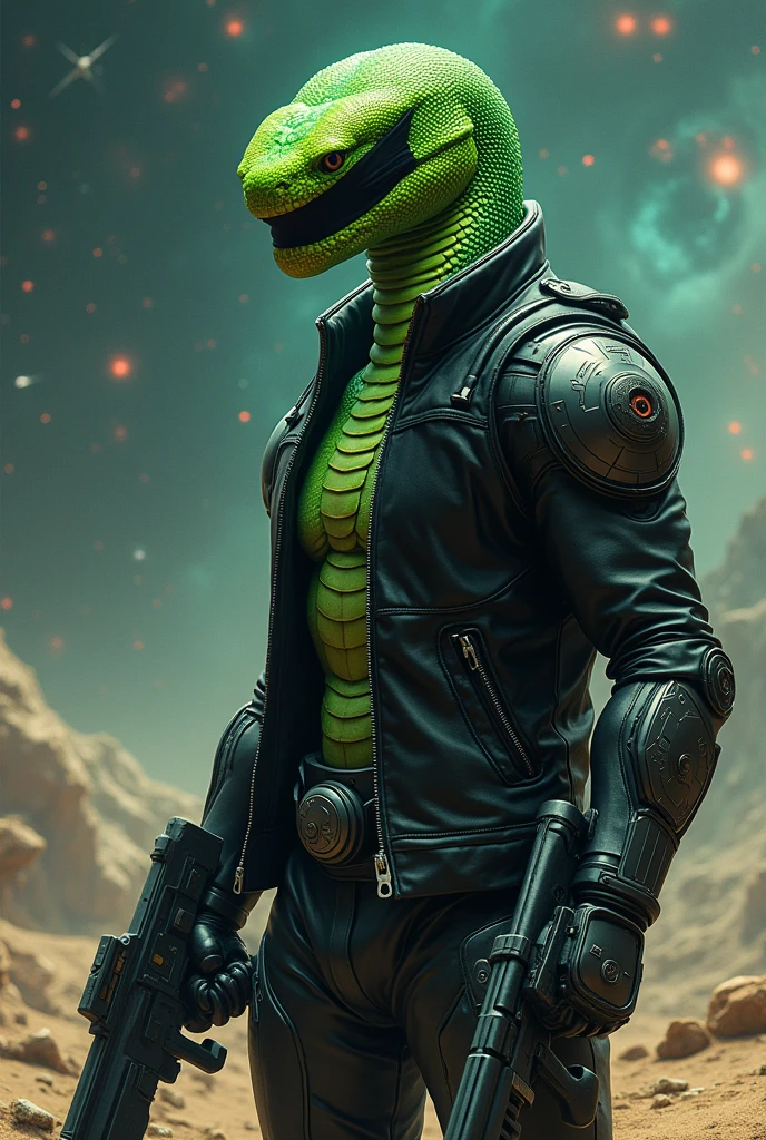 A green snake with arms and legs and a human body in a black jacket with a blindfold on the right eye, along with all space weapons and armor.