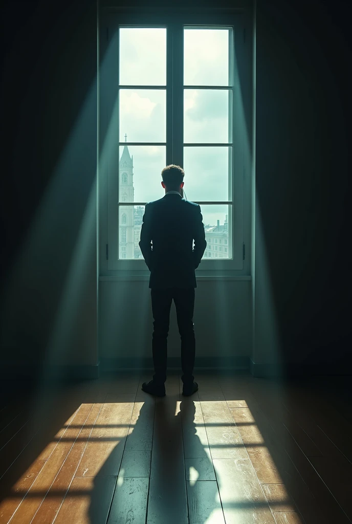 Create a melancholic and introspective album cover for the song 'EU QUIS VOCE.' The title 'EU QUIS VOCE' must be prominently displayed on the image in a sophisticated, elegant font that blends seamlessly with the overall aesthetic but remains clearly visible.
The scene should depict a dimly lit room with a man standing near a large window or mirror, his back to the viewer, creating a sense of distance and introspection. The lighting should be soft, casting long shadows that add depth and a sense of mystery to the scene.
In the reflection of the window or mirror, the man’s face should be slightly blurred, symbolizing the duality of his actions and the hidden truths within him. The color palette should be a mix of deep blues, muted grays, and warm amber tones, creating a somber and reflective mood. Ensure that the text 'EU QUIS VOCE' is clearly visible and integrated into the design.