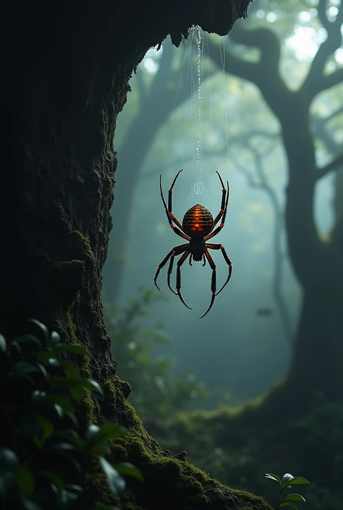 Spider seen from the side descending a trunk in a dense and dark forest with fog