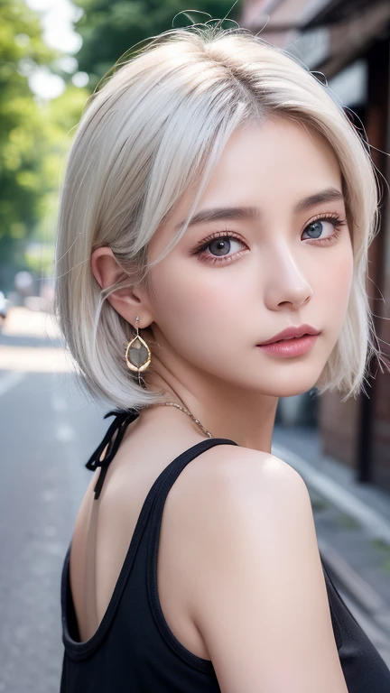 最high quality、masterpiece、High resolution、1 female、necklace、gem、Earrings、Beautiful Face、Body Up、Tyndall effect、Realistic、Rim Light、Two-tone lighting、(High resolutionスキン:1.2)、8k UHD、Digital SLR、Soft lighting、high quality、Volumetric lighting、photograph、High resolution、4K、8k、white haired woman、Adult、Small eyes、Perfect Mouth、Highly detailed eyes and mouth、Black natural eyes、Pure brown hair color、lol、Caucasian skin color、White shirt and random color tank top、Hair quality and shine、street、town、road、congestion、