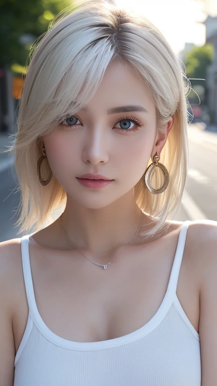最high quality、masterpiece、High resolution、1 female、necklace、gem、Earrings、Beautiful Face、Body Up、Tyndall effect、Realistic、Rim Light、Two-tone lighting、(High resolutionスキン:1.2)、8k UHD、Digital SLR、Soft lighting、high quality、Volumetric lighting、photograph、High resolution、4K、8k、white haired woman、Adult、Small eyes、Perfect Mouth、Highly detailed eyes and mouth、Black natural eyes、Pure brown hair color、lol、Caucasian skin color、White shirt and random color tank top、Hair quality and shine、street、town、road、congestion、
