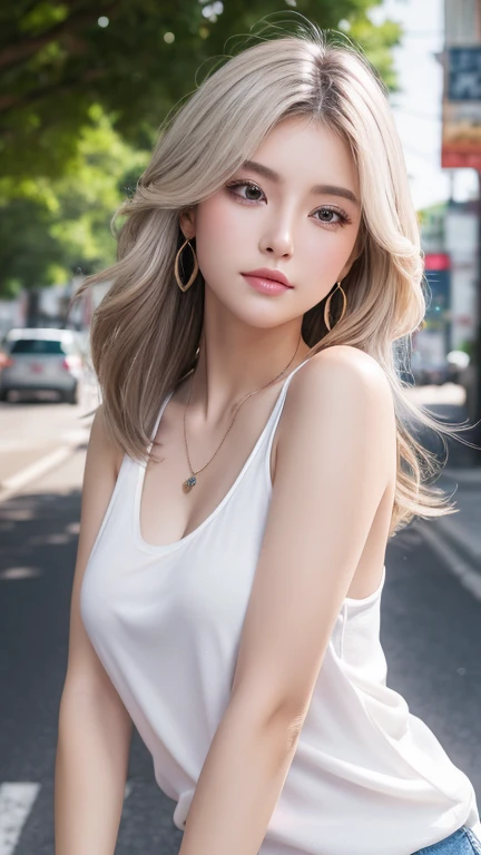 最high quality、masterpiece、High resolution、1 female、necklace、gem、Earrings、Beautiful Face、Body Up、Tyndall effect、Realistic、Rim Light、Two-tone lighting、(High resolutionスキン:1.2)、8k UHD、Digital SLR、Soft lighting、high quality、Volumetric lighting、photograph、High resolution、4K、8k、white haired woman、Adult、Small eyes、Perfect Mouth、Highly detailed eyes and mouth、Black natural eyes、Pure brown hair color、lol、Caucasian skin color、White shirt and random color tank top、Hair quality and shine、street、town、road、congestion、