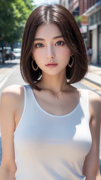 最high quality、masterpiece、High resolution、1 female、necklace、gem、Earrings、Beautiful Face、Body Up、Tyndall effect、Realistic、Rim Light、Two-tone lighting、(High resolutionスキン:1.2)、8k UHD、Digital SLR、Soft lighting、high quality、Volumetric lighting、photograph、High resolution、4K、8k、white haired woman、Adult、Small eyes、Perfect Mouth、Highly detailed eyes and mouth、Black natural eyes、Pure brown hair color、lol、Caucasian skin color、White shirt and random color tank top、Hair quality and shine、street、town、road、congestion、
