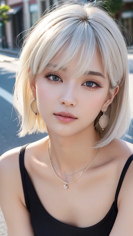 最high quality、masterpiece、High resolution、1 female、necklace、gem、Earrings、Beautiful Face、Body Up、Tyndall effect、Realistic、Rim Light、Two-tone lighting、(High resolutionスキン:1.2)、8k UHD、Digital SLR、Soft lighting、high quality、Volumetric lighting、photograph、High resolution、4K、8k、white haired woman、Adult、Small eyes、Perfect Mouth、Highly detailed eyes and mouth、Black natural eyes、Pure brown hair color、lol、Caucasian skin color、White shirt and random color tank top、Hair quality and shine、street、town、road、congestion、