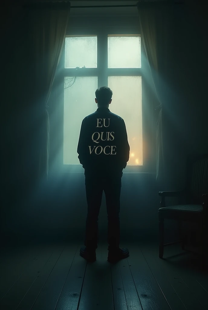 Create a melancholic and introspective album cover for the song 'EU QUIS VOCE.' The title 'EU QUIS VOCE' must be prominently displayed on the image in a sophisticated, elegant font that blends seamlessly with the overall aesthetic but remains clearly visible.
The scene should depict a dimly lit room with a man standing near a large window or mirror, his back to the viewer, creating a sense of distance and introspection. The lighting should be soft, casting long shadows that add depth and a sense of mystery to the scene.
In the reflection of the window or mirror, the man’s face should be slightly blurred, symbolizing the duality of his actions and the hidden truths within him. The color palette should be a mix of deep blues, muted grays, and warm amber tones, creating a somber and reflective mood. Ensure that the text 'EU QUIS VOCE' is clearly visible and integrated into the design.