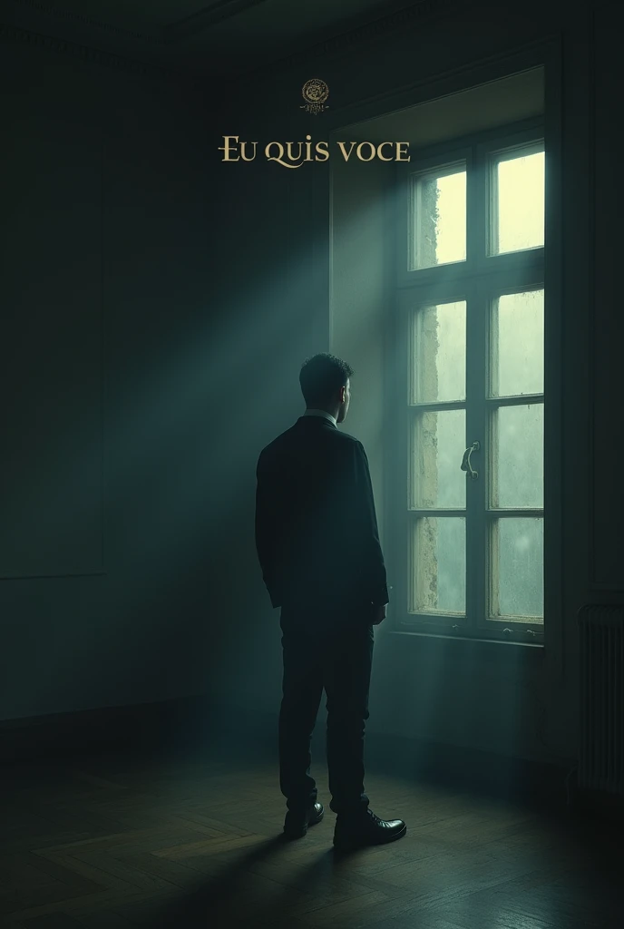 Create a melancholic and introspective album cover for the song 'EU QUIS VOCE.' The title 'EU QUIS VOCE' must be prominently displayed on the image in a sophisticated, elegant font that blends seamlessly with the overall aesthetic but remains clearly visible.
The scene should depict a dimly lit room with a man standing near a large window or mirror, his back to the viewer, creating a sense of distance and introspection. The lighting should be soft, casting long shadows that add depth and a sense of mystery to the scene.
In the reflection of the window or mirror, the man’s face should be slightly blurred, symbolizing the duality of his actions and the hidden truths within him. The color palette should be a mix of deep blues, muted grays, and warm amber tones, creating a somber and reflective mood. Ensure that the text 'EU QUIS VOCE' is clearly visible and integrated into the design.