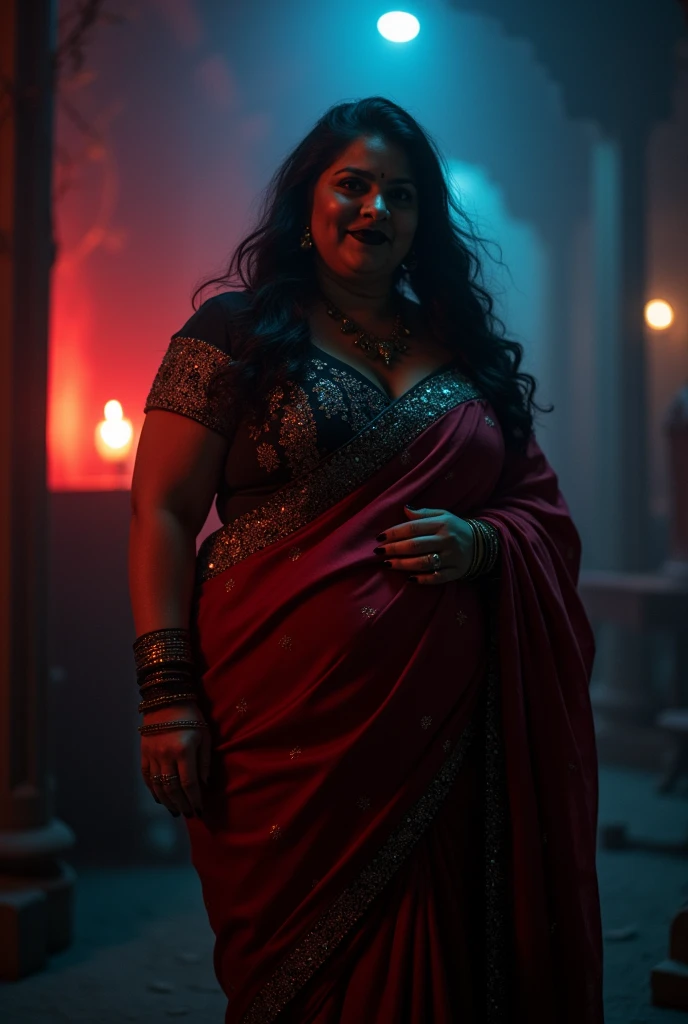 Fortune telling hall,indian astrology,Looks like Aparna Dixit, full body Closeup shot, Big chubby aunty, milf, cougar lady witch, horny Gothic milf,  50 years old gorgeous mature lady, pervert demoness, demoness of lust, curvy, black lips, horny face, extremely gorgeous, thick figure, heavy physique, voluptuous, curvy, sexy figure, Fashionable portrait of androgynous alien looking witch wearing veil, (glowing eyes:1.5), futuristic design, minimal details, givenchy, photoreal, 200mm, hd, f/ 2.0, highly detailed, surreal, sexy beautiful evil woman, sexy bold sequin Saree with strapless Bra, chudail, Pishachini, horror genre, blood-thirsty enchantress, powerful female spirit, eerie, drop dead, in the style of red and blue, (intricate details, hyperdetailed:1.15) (skin texture:1.2), dark Moody tone, cinematic lighting, haunted place in background, 