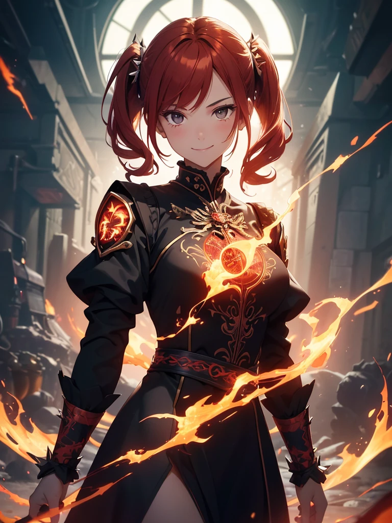 (((best quality, sharp image, clear image, cinematic lighting, 8k resolution, masterpiece, ultra detailed, intricate))) Girl, (((looking over left shoulder))), (shot from behind), ((shot from hip up)), fiery red hair, pigtails, ((black dress)), ((flaming sigils, flaming runes)), spiky rock formations, (flaming lotus flowers frame), (intricate background), ((Phoenix)), (swirling flames), smiling