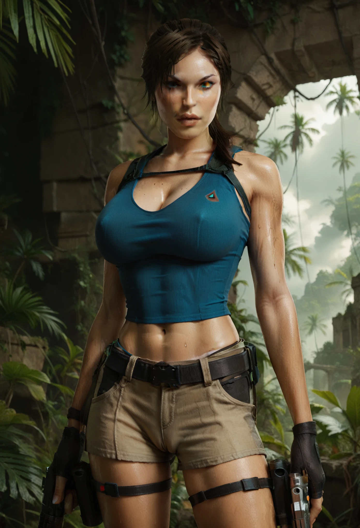 SFW (Lara Croft, large breasts, cameltoe (blue tank top and tan shorts)) standing atop ancient ruins in the jungle