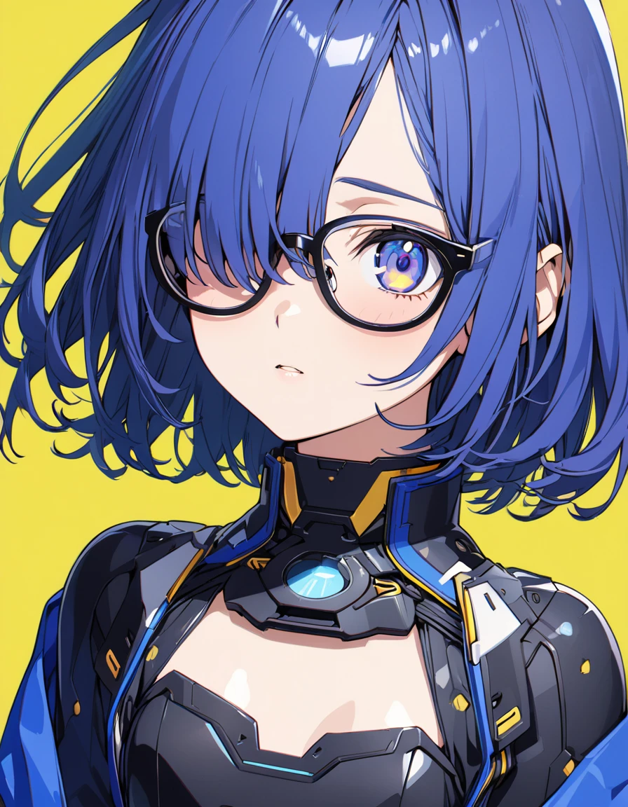 (masterpiece)、(absurdres)、(ultra detailed)、(8k),Anime illustration,BREAK,(yellow simple background:1.4),BREAK,(Simple glasses),potrait shot,Expressionless:0.9,solo girl、Slender:1.1、shiny ultramarine hair、straight hair、short bobcut:1.1、hair covering one eye:1.1、small breast:0.8、ultramarine eyes、irisless eyes、mechanical wear,side view,