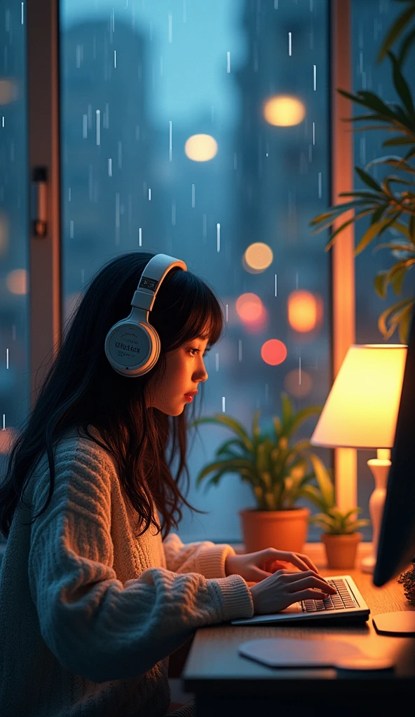 A digital artwork featuring a young woman with dark hair, sitting at a desk by a large window at night. She is wearing a cozy sweater and large headphones with 'Midori' written on them. The woman is focused on a computer screen, typing on a keyboard. Through the window, a cityscape is visible, softly lit by the warm glow of streetlights and building lights. Outside, rain is gently falling, adding to the peaceful and studious atmosphere. The desk is adorned with plants and is lit by a desk lamp, enhancing the cozy Lo-fi aesthetic of the scene