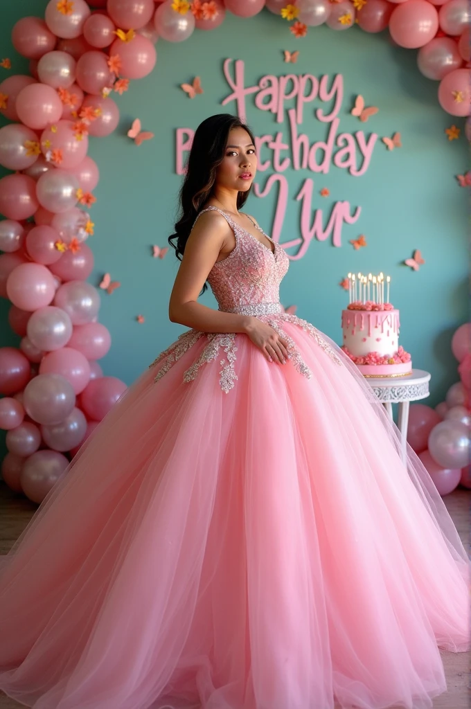 Real one pinay women beautiful with ballgown pink with name wall background "Happy 18 Birthday Lyn"with flowers baloons butterflies rose cake candles