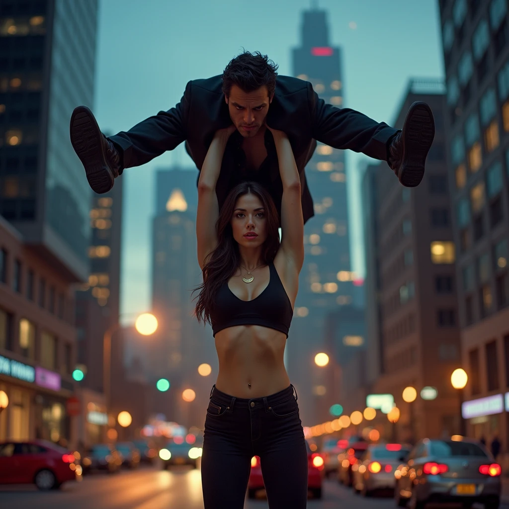 a young woman lifting a scared man over her head, standing on a rooftop near the edge, beautiful detailed face and muscles, (best quality,4k,8k,highres,masterpiece:1.2),ultra-detailed,(realistic,photorealistic,photo-realistic:1.37),hyperrealistic, muscular female figure, dramatic lighting, cinematic composition, intense expression, rooftop setting, cityscape background, tense and thrilling atmosphere